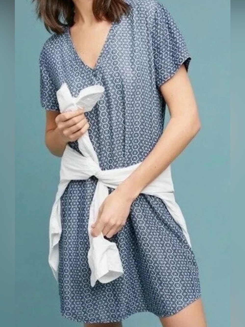 Anthropologie Cloth & Stone Justine Dress Chambray Geometric Tencel Lyocel - Picture 1 of 7